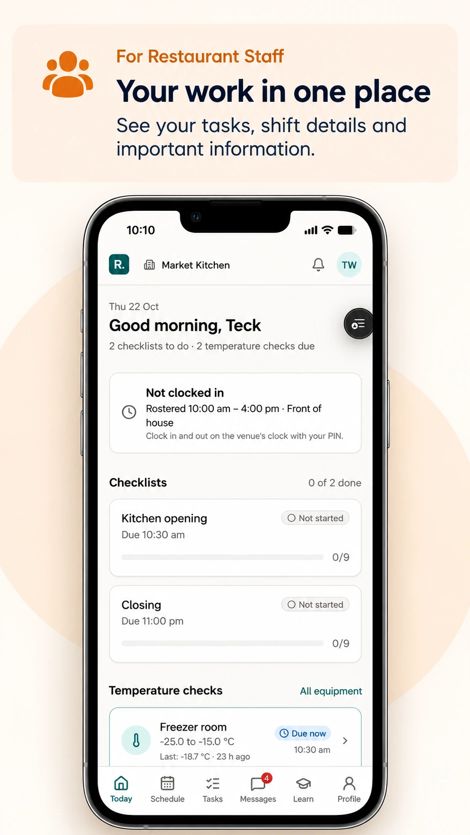 Prototype — RestaurantOS staff mobile view: today's shift, checklists and temperature checks on a phone.